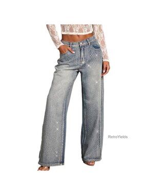 Rhinestone High Waisted Wide Leg Jeans Stretch Denim Pants